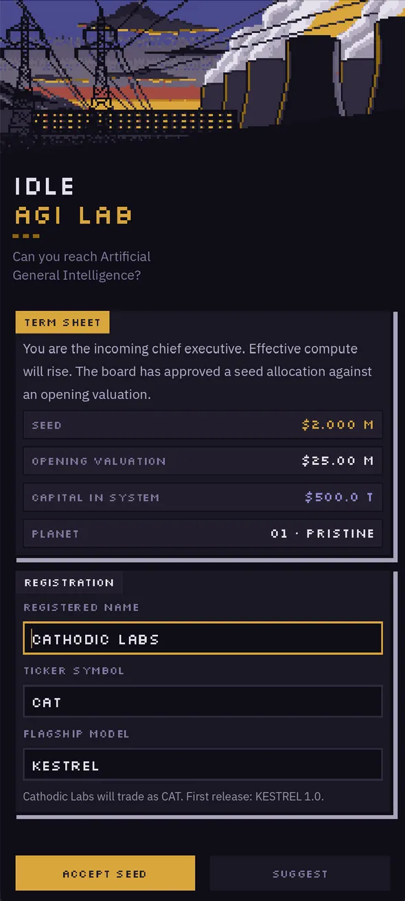 Title screen: a pixel-art power station at dusk, a term sheet offering a $2M seed against a $25M opening valuation, and a form to register the new laboratory.