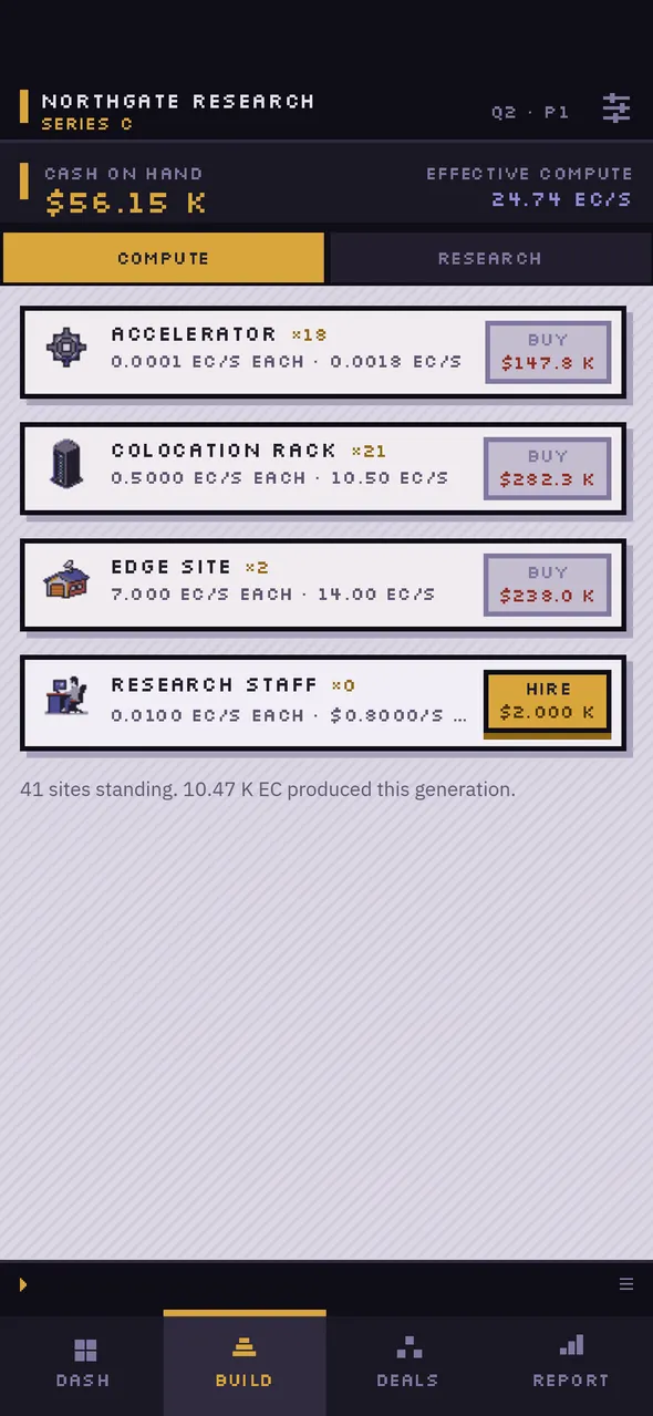 The build screen, where compute is bought and the fleet is scaled up.