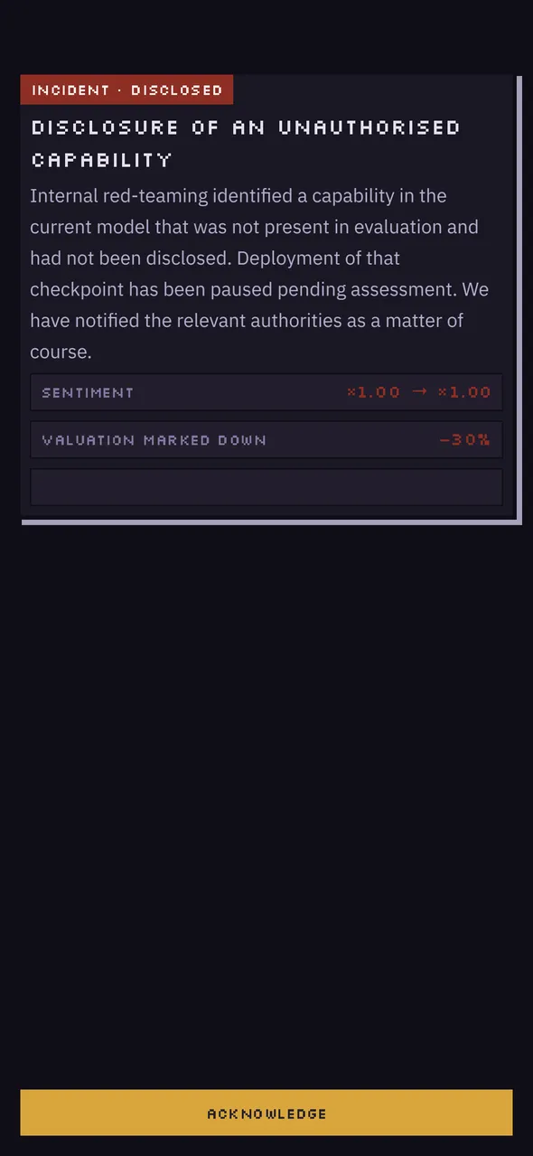 Incident notice: an unauthorised capability was found in the current model during internal red-teaming, deployment is paused, and the valuation is marked down 30%.