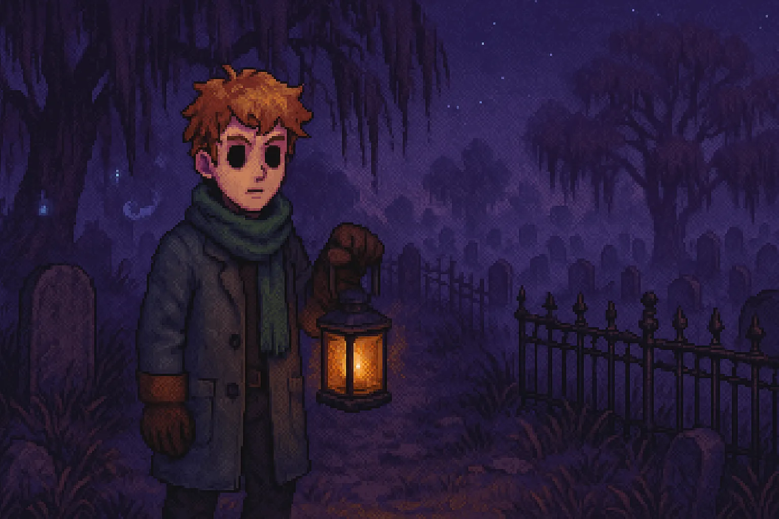 Orrin holding his lantern up in the cemetery at dusk, gravestones and iron railings fading back into the trees behind him.